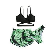 HAJGJP Tankini Swim Top Kids Toddler Baby Girls Spring Summer Print Sleeveless Children's 3PC Leaves Swimsuit Swimwear Green,10-11 Years